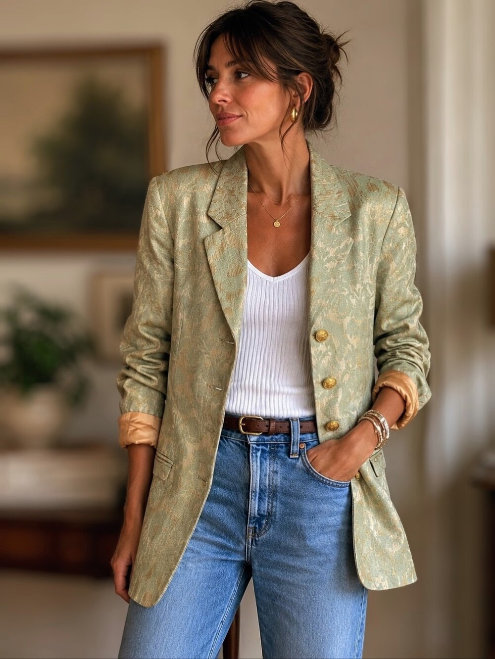Vintage Charles Gray London Sage Damask Blazer | Gold Crest Buttons